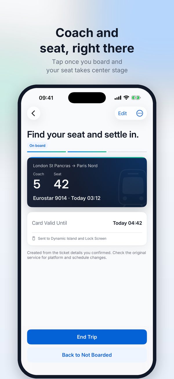 Train card with coach and seat