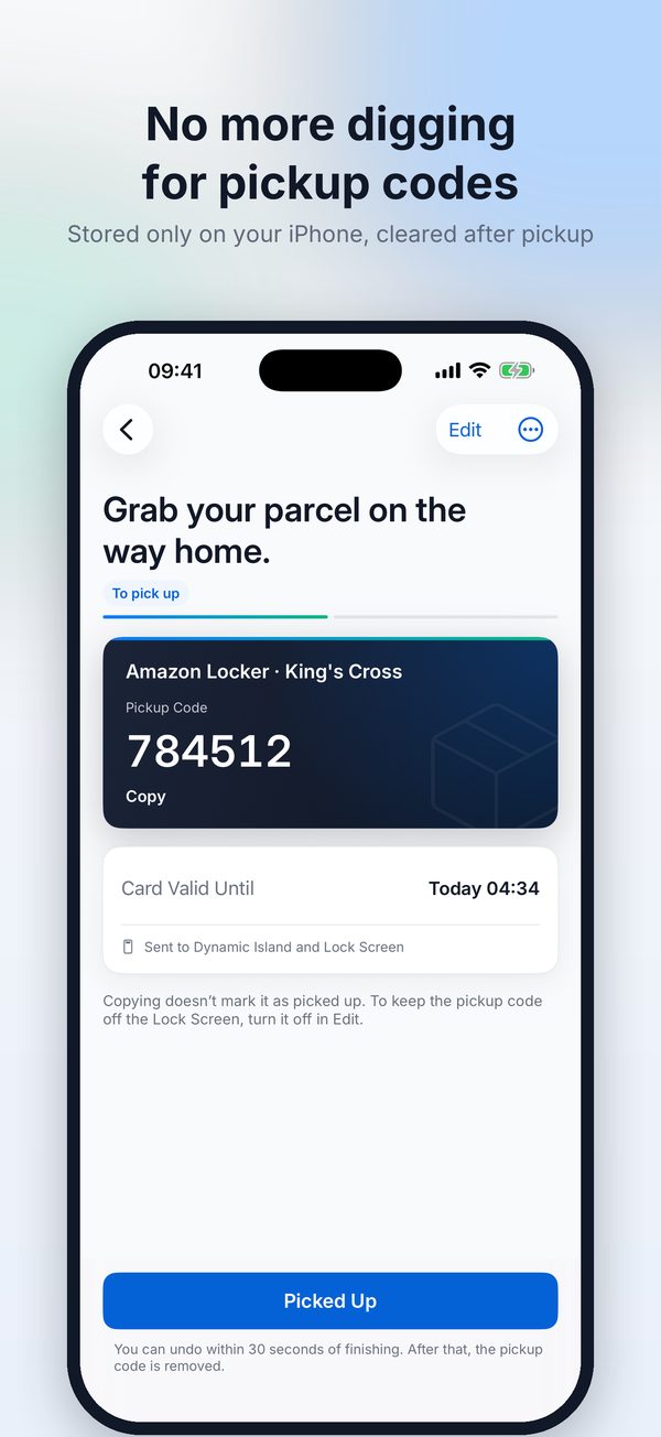 Parcel pickup card with pickup code