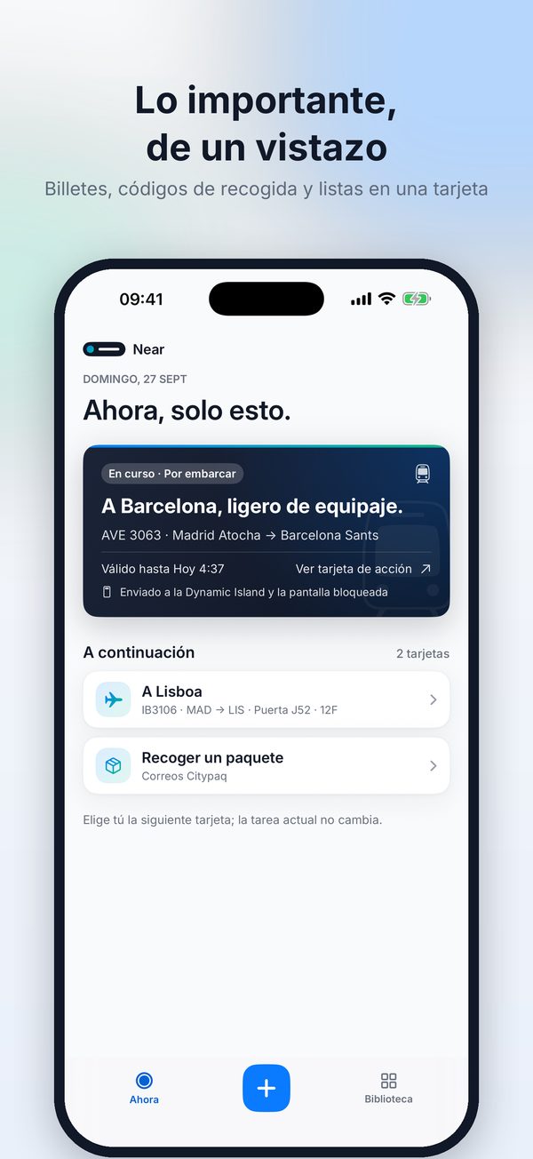 Pantalla de inicio de Near con la tarjeta de acción actual