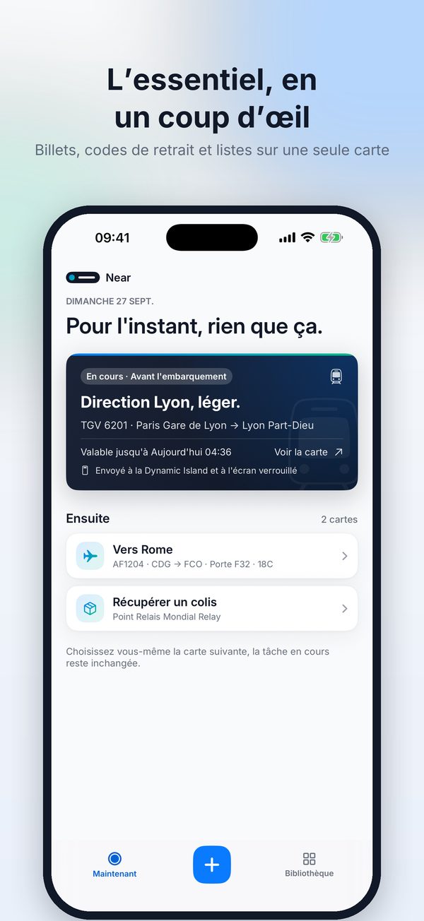 Écran d'accueil de Near avec la carte d'action en cours