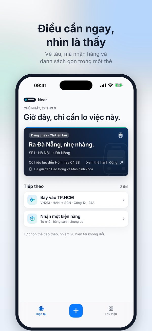Màn hình chính của Near với thẻ hành động hiện tại