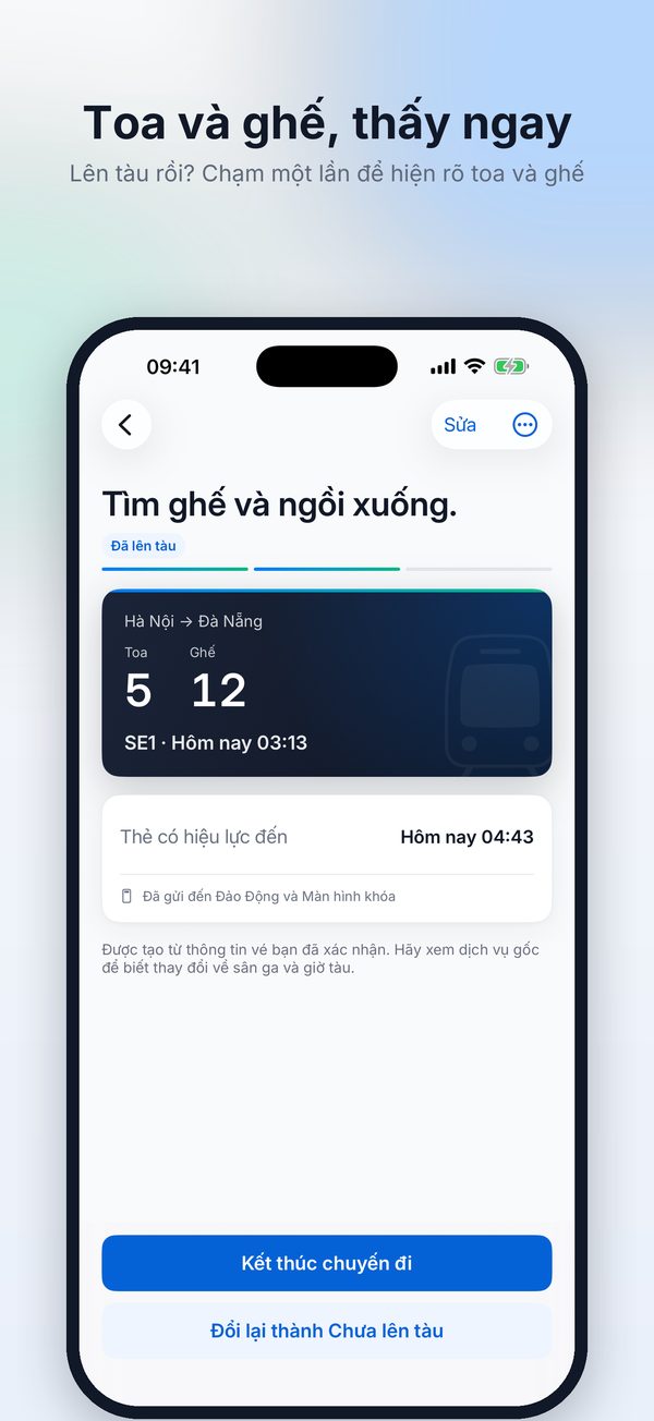 Thẻ vé tàu với toa và chỗ ngồi